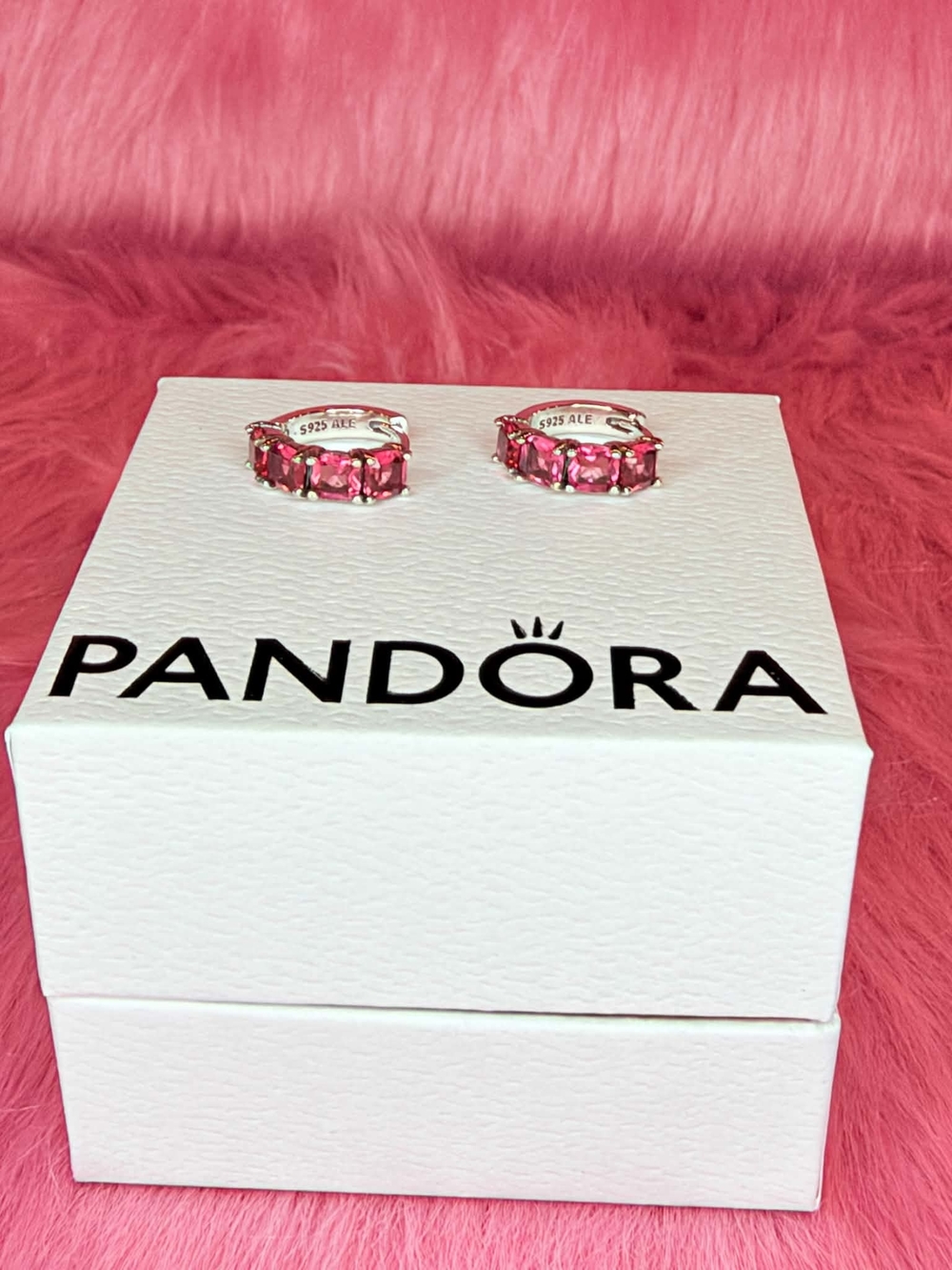 Pandora Sterling Silver Pink Stone Huggie Earrings